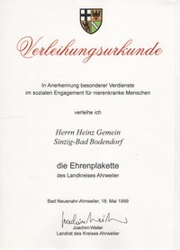 Verleihungsurkunde zur Ehrenplakette Landkreis Ahrweiler
